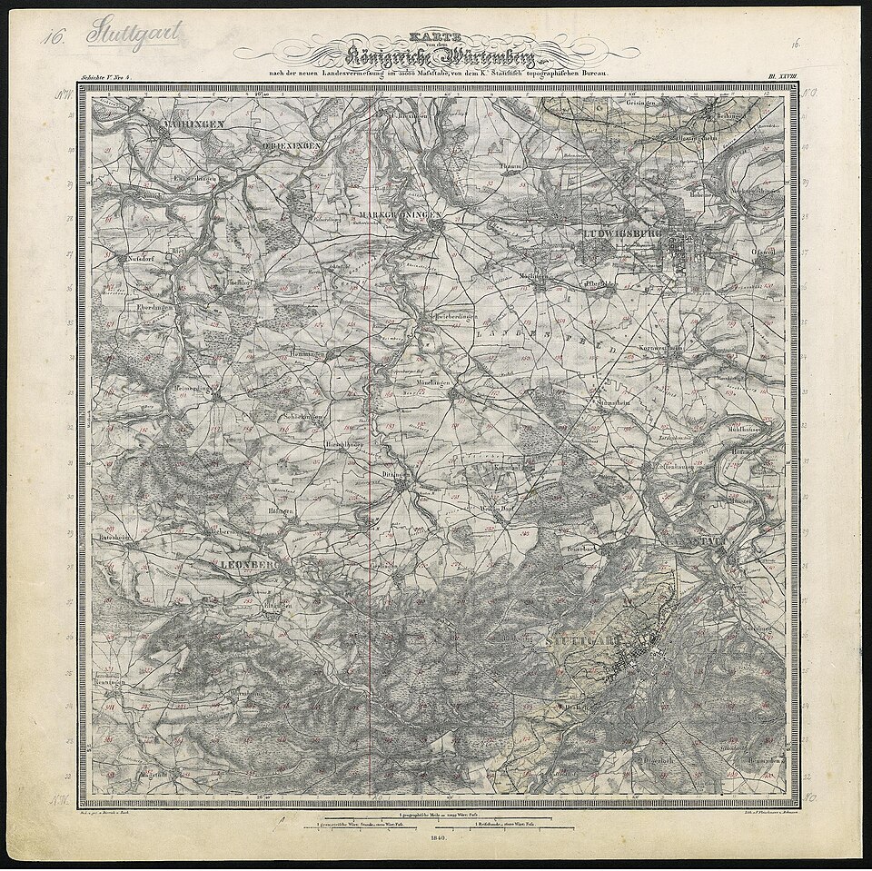 Ludwigsburg: Topographischer Atlas des Koenigreichs Württemberg - Blatt 16 Stuttgart