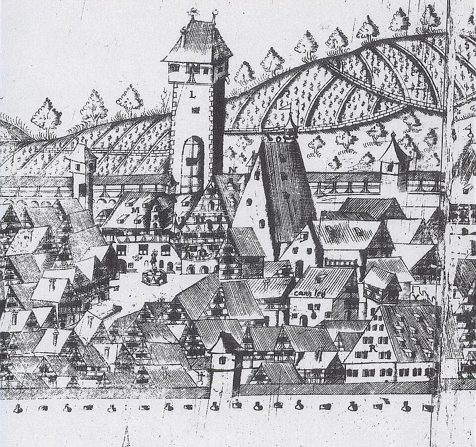 Ludwig Ditzinger, Reutlingen, Marktplatz mit Rathaus, rechts Bürgerhaus (steiler Giebel + Glockentürmchen auf d. Dachfirst), Kanzleigebäude, Königsbronner Klosterhof mit zinnenartigem Giebel u. turmähnlichen Gebäude