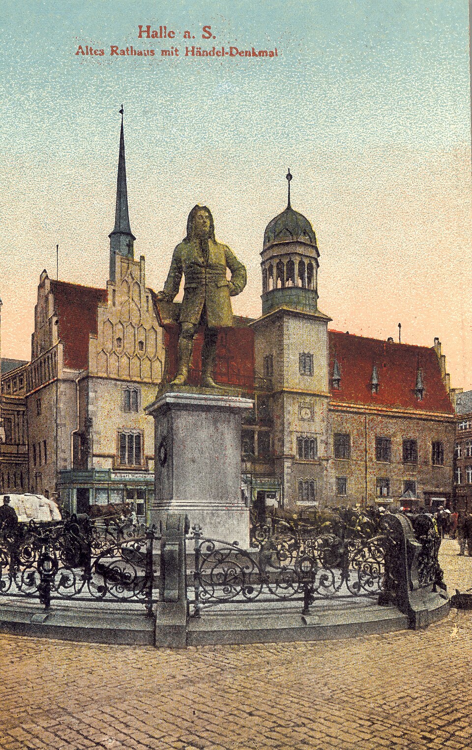 Halle (Saale): Altes Rathaus Halle mit Händel-Denkmal